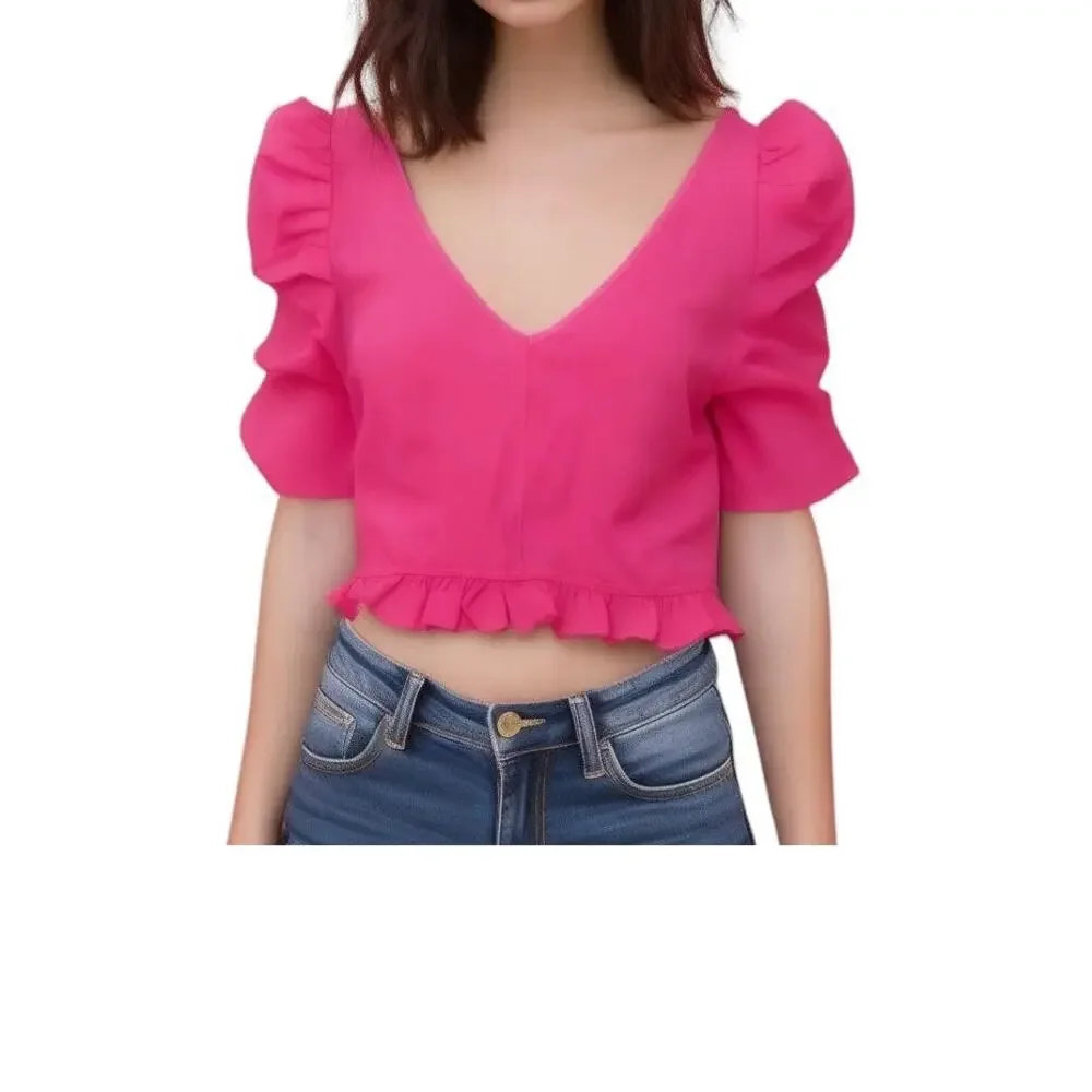 Privy Privately Privileged Hot Pink Puffed Sleeves Ruched Crop Top Size M NWOT